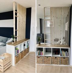 two pictures of a living room with bookshelves and shelves