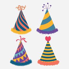 three party hats with different designs on them