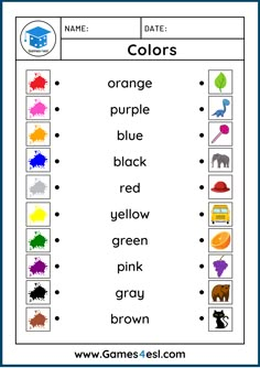 an orange and blue color matching game with the words, name and colors on it