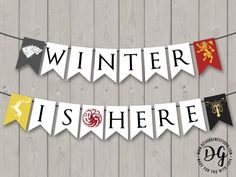 winter is here banner with game of throne symbols on it and the words winter is here below