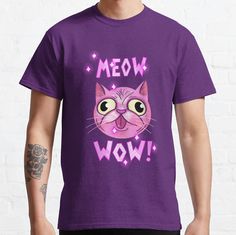 a man wearing a purple t - shirt that says meow wow with a cat's face on it