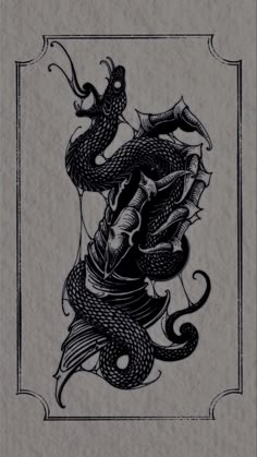 a black and white drawing of a dragon on a piece of paper with an ornate frame