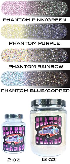 three different types of glitters in various colors