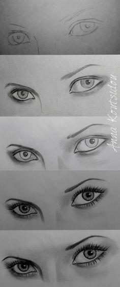 four different types of eyes are shown in this drawing lesson, which shows how to draw the