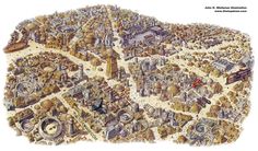 an illustrated map with many different types of buildings and other things in it, including the city