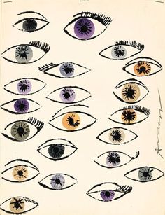 an old book with many different colored eyes on the page and one eye drawn in black ink