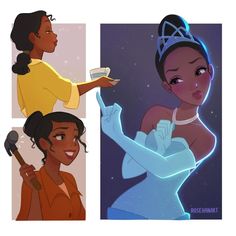 the princess and the frog character is shown in three different poses, including one holding a hammer