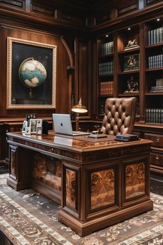 a large wooden desk sitting in front of a book shelf filled with lots of books