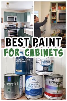 the words best paint for cabinets are in green and white with images of different colors