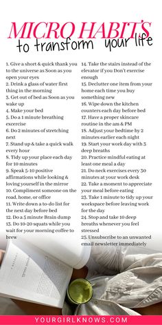 Revolutionize your life with 40 micro habits that make a big impact. Incorporate these small, daily changes to transform your routine and achieve your goals step by step. micro habits to change your life | micro habits list | micro habit stacking | feminine micro habits | micro habits quotes | daily micro habits | micro habits list ideas | healthy micro habits | micro habits aesthetic Habits Aesthetic, Micro Habits, Habits List, Habits Quotes, Habits To Change Your Life, Habits To Change, Habit Stacking, Compliment Someone, Healing Journaling