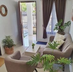 a living room filled with furniture and lots of plants in front of a doorway that leads to a patio