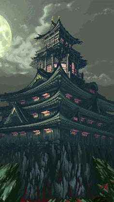 an old chinese building lit up at night with the moon in the sky behind it