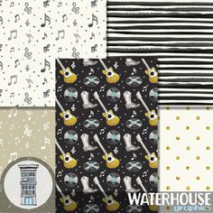 four different patterns with black and white stripes, music notes, and musical instruments on them