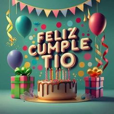 a birthday cake with candles surrounded by presents and balloons that spell feliz cumple to