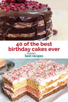 an advertisement for the best birthday cakes ever, with images of cake layers and sprinkles