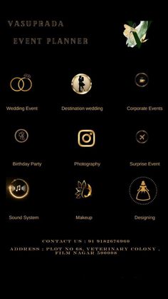 an event planner is shown with gold and black details on the front, along with other icons