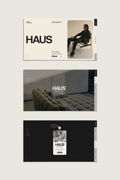 three different types of business cards with the words haus in black and white on them