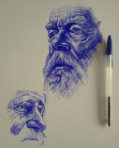 a pencil drawing of an old man with a beard and mustache next to a pen