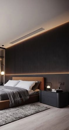 a large bed sitting in the middle of a bedroom next to a wall mounted tv