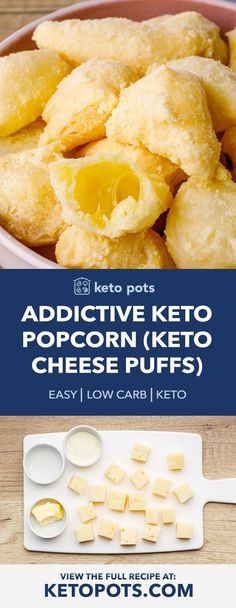 an advertisement for keto's is shown with the words, active keto popcorn keto cheese puffs easy low carb keto