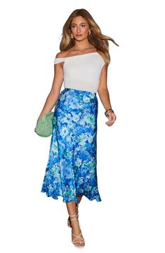 A vintage-look floral print brightens a supple satin midi skirt that's perfect for a garden party. Hidden side-zip closure 100% polyester Hand wash, dry flat Imported Casual Satin Skirt For Summer, Summer Midi Satin Skirt, Blue Satin Skirt For Spring, Spring Silk Skirt With Floral Print, Blue Satin Skirt For Summer, Spring Blue Satin Bottoms, Summer Blue Satin Skirt, Blue Skirt For Summer Garden Party, Blue Summer Skirt For Garden Party