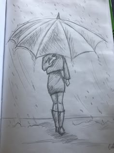 a pencil drawing of a person holding an umbrella in the rain while standing under it