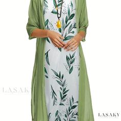 Lasaky - Premium Plus Size Womens Casual Outfit Set: Solid Three Quarter Sleeve Open Front Cardigan with Leaf Print Round Neck Tank Dress Estilo Hipster, Shift Dresses, Womens Fall Dress, Round Neck Dresses, Crewneck Dress, Elegant Dresses Long, Sierra Leone, Mongolia, Printed Maxi