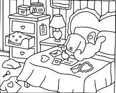 a black and white drawing of a teddy bear reading a book on a bed in a bedroom