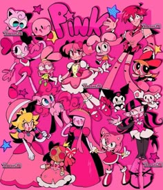 many cartoon characters are grouped together on a pink background