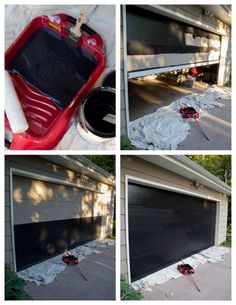 four pictures of garage doors being painted