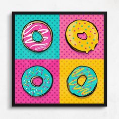 four different colored donuts with sprinkles on them in square formats