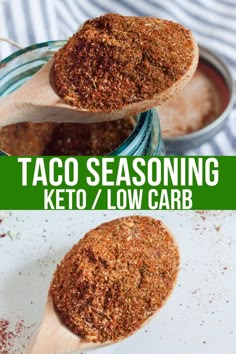 a wooden spoon filled with taco seasoning next to a jar full of keto / low carb