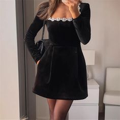 Fashion Rhinestone Velvet Mini Dress for Women Square Neck Long Sleeve High Waist Short Gowns Lady Square Neck Long Sleeve, High Waist Short, Evening Party Dresses, Short Gowns, Velvet Mini Dress, Ladies Gown, Mini Dresses For Women, Mini Velvet Dress, Evening Party