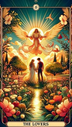 the lovers tarot card with an angel and sun in the sky above it, surrounded by flowers