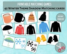 printable matching games for winter and snow related items, including hats, sweaters, mittens