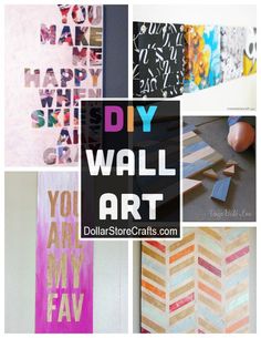 the words diy wall art are displayed in different styles and colors, along with pictures of