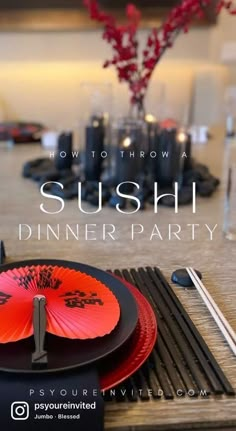 a table set with plates and napkins for a sushi dinner party in black and red