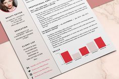 a professional resume is displayed on a pink and white background