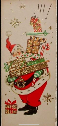 a christmas card with santa carrying presents