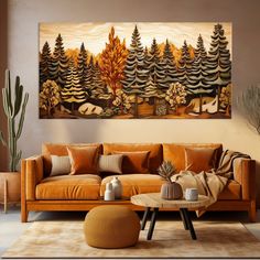 a living room with an orange couch and large painting on the wall above it's coffee table