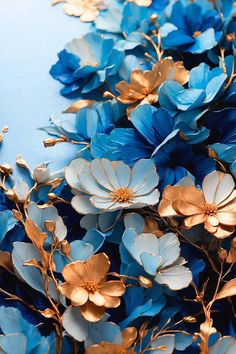 blue and gold flowers on a blue background