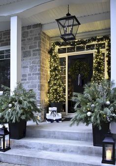 an instagram page with christmas decorations on the front porch and trees in potted planters