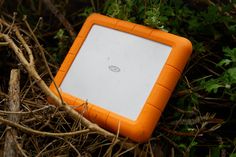 an orange and white tablet sitting on top of dry grass next to some branches with green leaves