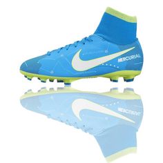 the nike mercurial fg soccer cleats are blue and white with neon green accents