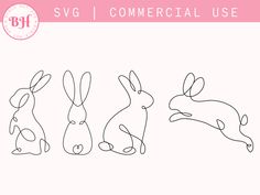 three rabbits sitting next to each other on a white background with the words svg commercial use