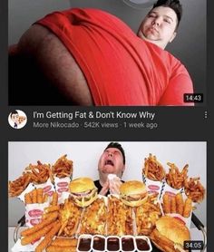 two pictures with one man in red shirt and the other has food on it