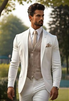 Mens White Tuxedo Wedding, Tuxedo Suit Men Wedding Ideas, White Suit For Groom, Groom In White Suit, White Wedding Suit, Ivory Suit