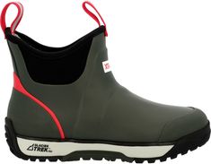 a pair of grey and red rain boots