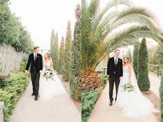 the bride and groom are walking down the path