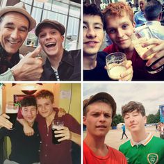 four different pictures of men drinking and smiling together, one is holding a glass with something in it while the other has his thumb up